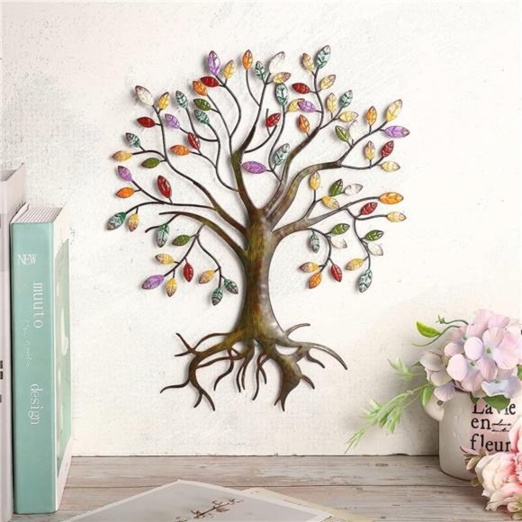 Metal Tree Wall Sculpture Gold Tree HomeDecor Multi Colored Leaf Art Handcrafted - Picture 2 of 7